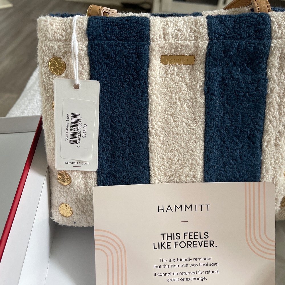 Hammit Duke Bag in Cabana Stripe Blue White Tan Leather Terry Cloth